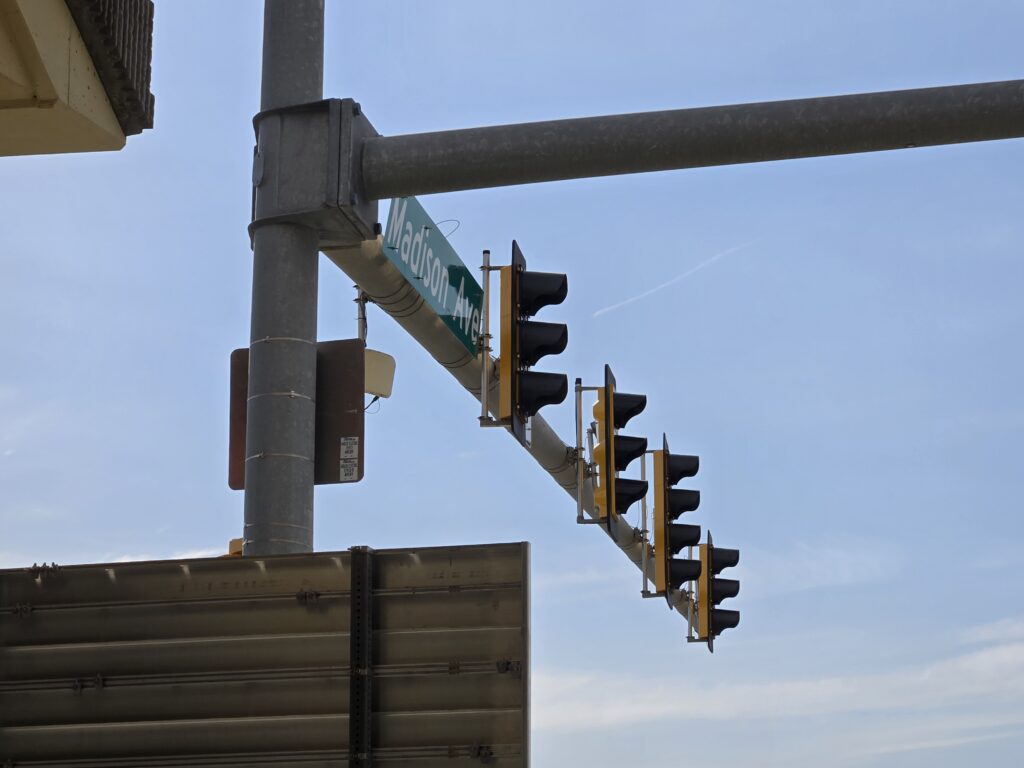 Traffic signal heads on a mast arm